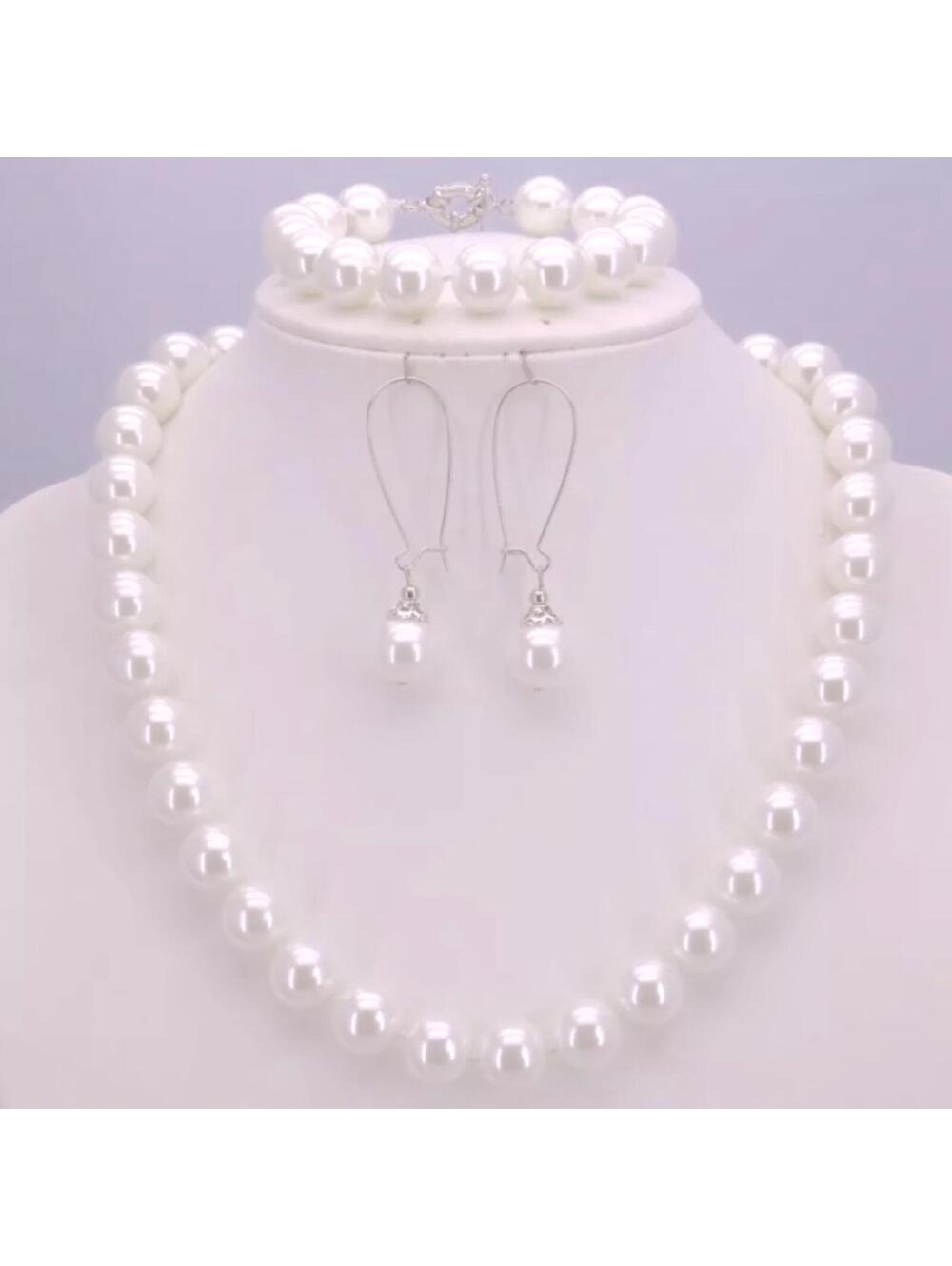 White Pearls Set Necklace Bracelet Earrings - Picture 1 of 2